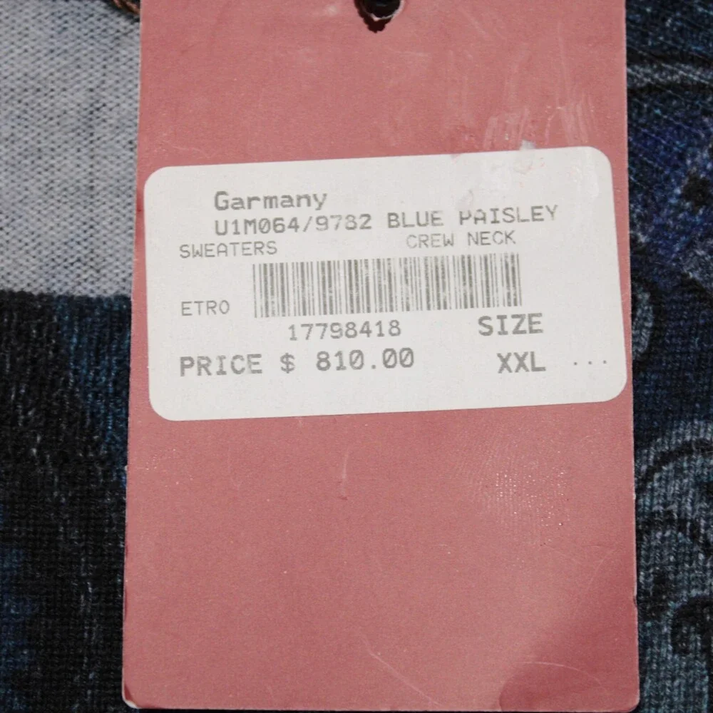 Etro NWT Pullover Crew Neck Sweater Size XXL in Blue Paisley 100% Wool